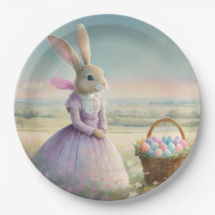 Vintage Easter bunny with basket of easter eggs Paper Plate