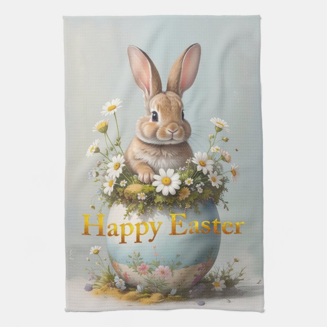 Vintage Easter Bunny with daisies Kitchen Towel (Vertical)
