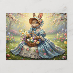 Vintage Easter Bunny with Easter Basket, Flowers Holiday Postcard