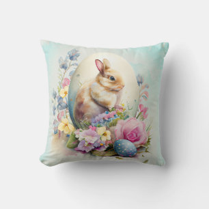 Vintage  Easter Bunny with flowers and eggs  Throw Pillow