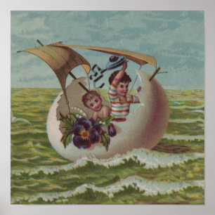 Vintage Easter Card Children Sailing Poster