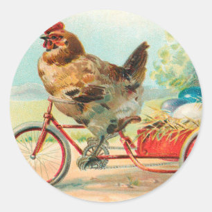 Vintage Easter Chicken Riding a Bicycle Easter Egg Classic Round Sticker
