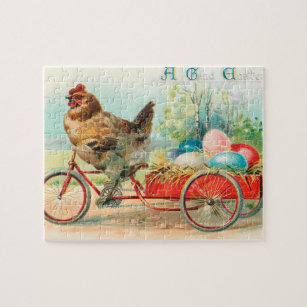 Vintage Easter Chicken Riding a Bicycle Easter Egg Jigsaw Puzzle
