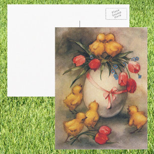 Vintage Easter Chicks and Victorian Tulips Holiday Postcard