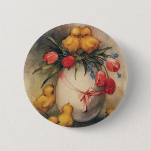 Vintage Easter Chicks, Egg with Red Tulip Flowers 2 Inch Round Button