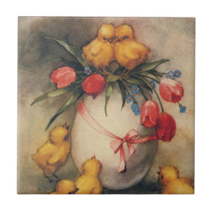 Vintage Easter Chicks, Egg with Red Tulip Flowers Tile