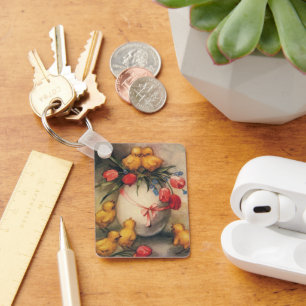 Vintage Easter Chicks with Red Tulip Flowers Keychain