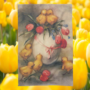 Vintage Easter Chicks with Red Tulip Flowers Kitchen Towel