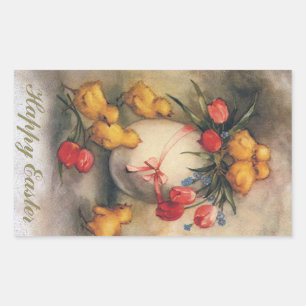 Vintage Easter Chicks with Red Tulip Flowers Sticker