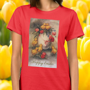 Vintage Easter Chicks with Red Tulip Flowers T-Shirt