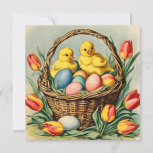 Vintage Easter Chicks with tulips Invitation