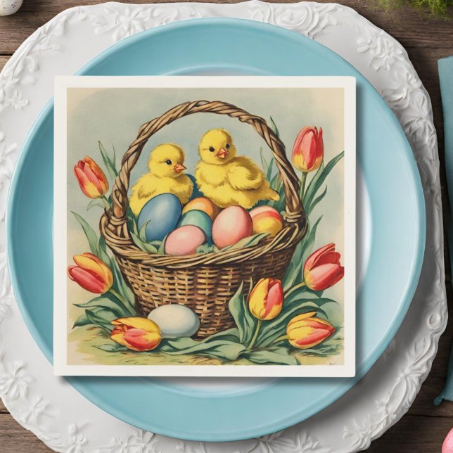   Vintage  Easter  Chicks with tulips  Napkin (Creator Uploaded)