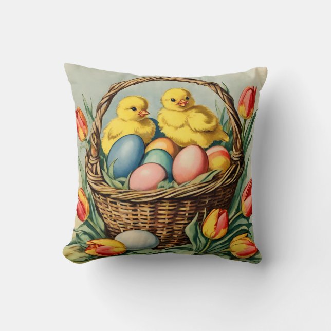   Vintage  Easter  Chicks with tulips  Throw Pillow (Front)