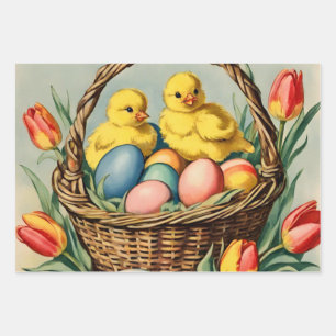   Vintage  Easter  Chicks with tulips  Wrapping Paper Sheet
