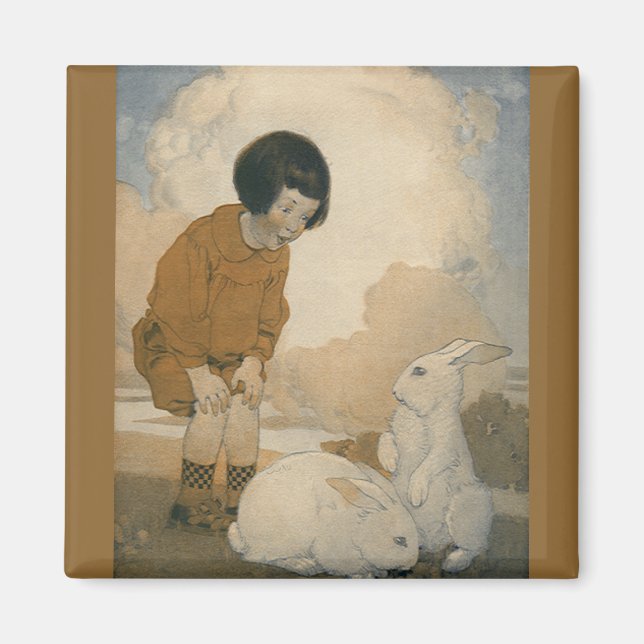 Vintage Easter, Child Playing White Bunny Rabbits Magnet (Front)