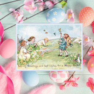 Vintage Easter Children and Easter Bunnies Holiday Card