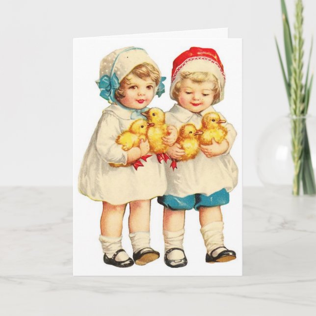 Vintage Easter - Children with Fuzzy Ducklings, Holiday Card (Front)