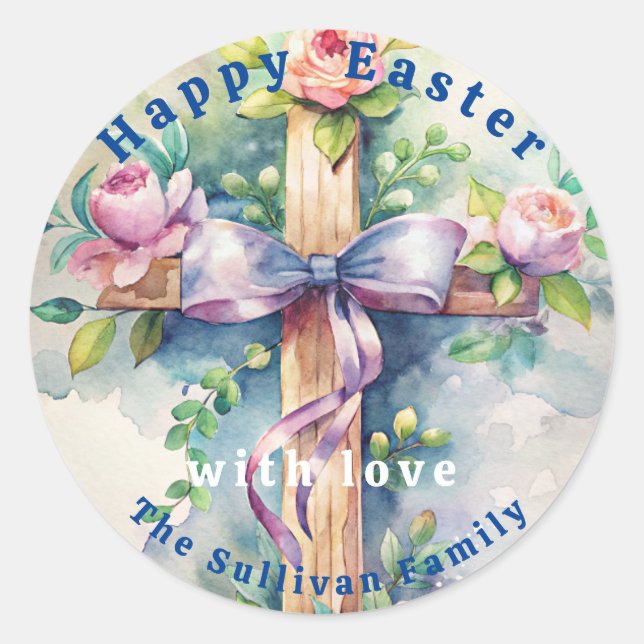 Vintage Easter Church Cross Flowers.  Classic Round Sticker (Front)