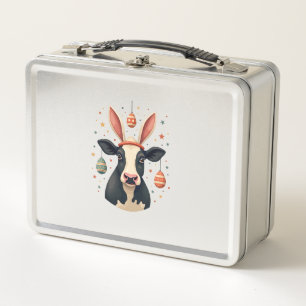 Vintage Easter Cow Bunny Ears Cute Farm Animal Egg Metal Lunch Box