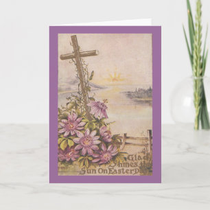 Vintage Easter Cross and Purple Flowers Holiday Card