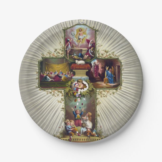 Vintage Easter Cross Religious Holiday Gold Paper Plate (Front)