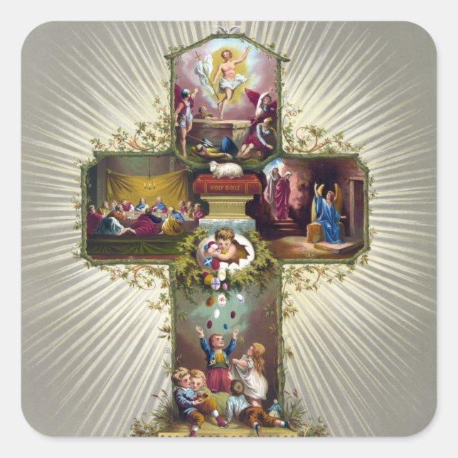 Vintage Easter Cross Religious Holiday Gold Square Sticker (Front)