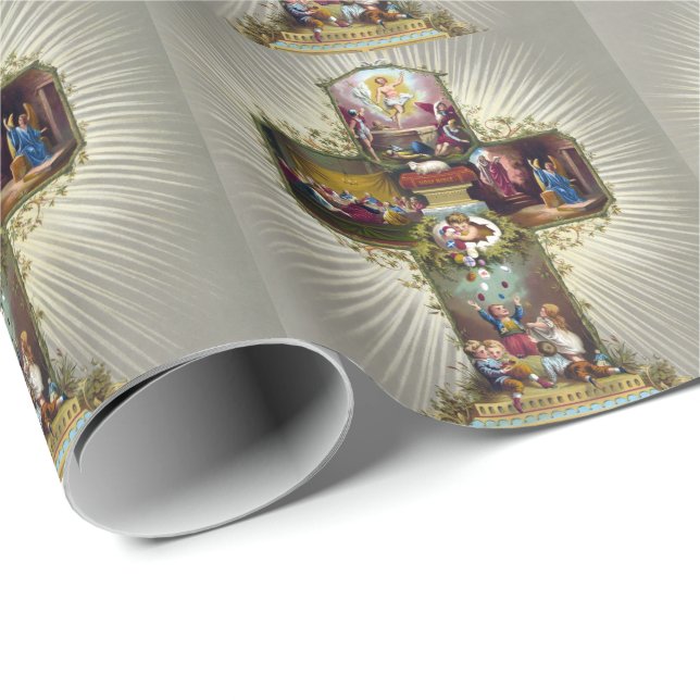 Vintage Easter Cross Religious Holiday Gold Wrapping Paper (Roll Corner)