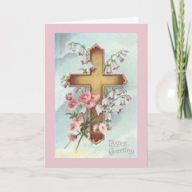 Vintage Easter Crucifix with Pink Flowers, Holiday Card (Front)