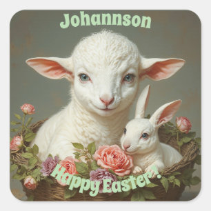 Vintage Easter Custom Personalize Lamb & Bunny  Square Sticker