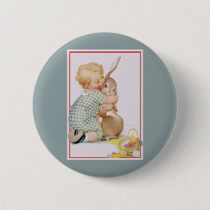 Vintage Easter, Cute Boy Child with Bunny Rabbit 2 Inch Round Button