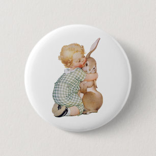 Vintage Easter, Cute Boy Child with Bunny Rabbit 2 Inch Round Button