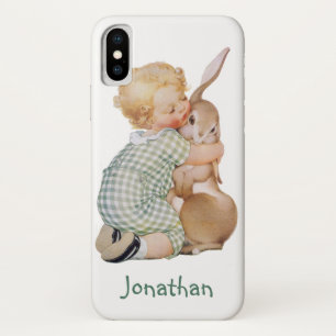Vintage Easter, Cute Boy Child with Bunny Rabbit iPhone X Case