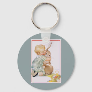 Vintage Easter, Cute Boy Child with Bunny Rabbit Keychain