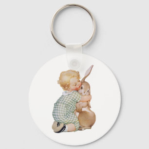 Vintage Easter, Cute Boy Child with Bunny Rabbit Keychain