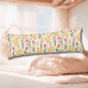 Vintage Easter Cute Yellow Chicks Red Tulips Body Pillow