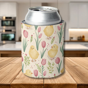 Vintage Easter Cute Yellow Chicks Red Tulips Can Cooler