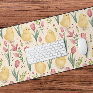 Vintage Easter Cute Yellow Chicks Red Tulips Desk Mat