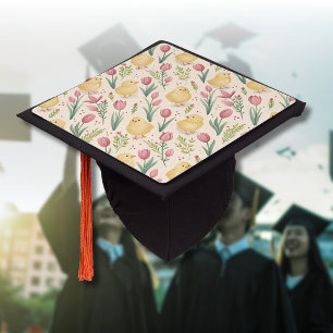 Vintage Easter Cute Yellow Chicks Red Tulips Graduation Cap Topper