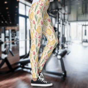 Vintage Easter Cute Yellow Chicks Red Tulips Leggings