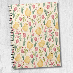 Vintage Easter Cute Yellow Chicks Red Tulips Notebook