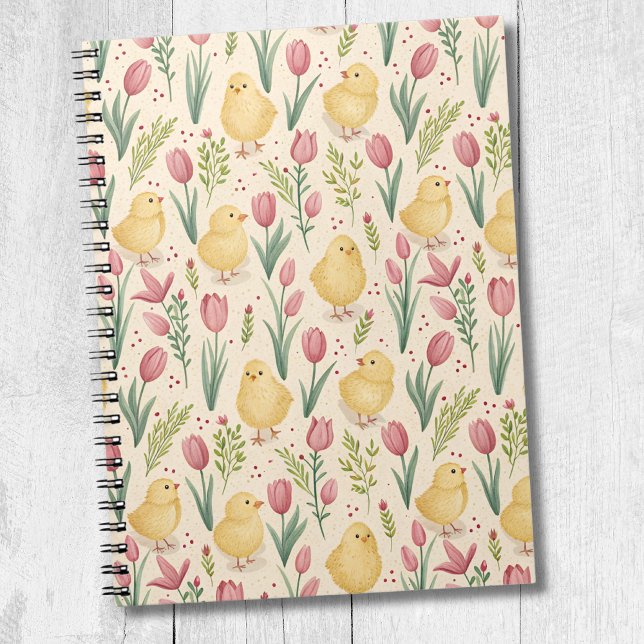 Vintage Easter Cute Yellow Chicks Red Tulips Notebook (Creator Uploaded)