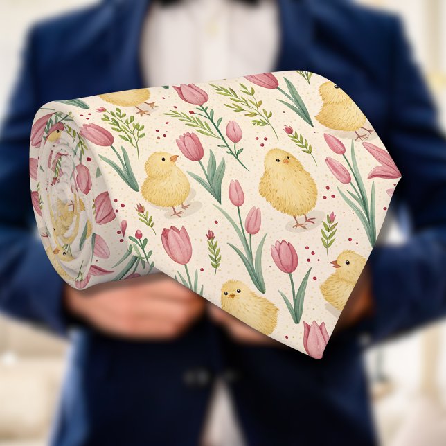 Vintage Easter Cute Yellow Chicks Red Tulips Tie (Creator Uploaded)