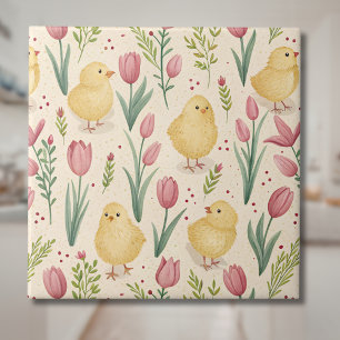 Vintage Easter Cute Yellow Chicks Red Tulips Tile