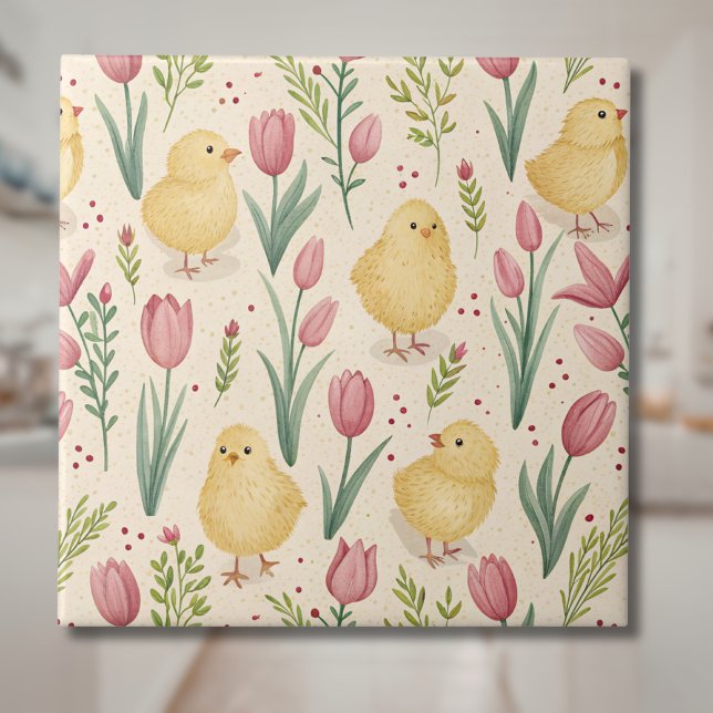 Vintage Easter Cute Yellow Chicks Red Tulips Tile (Creator Uploaded)