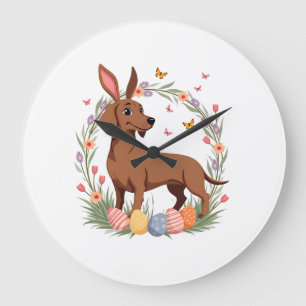 Vintage Easter Dachshund Bunny Dog with Floral Egg Large Clock
