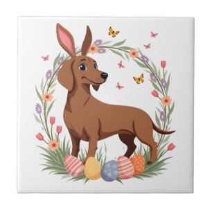 Vintage Easter Dachshund Bunny Dog with Floral Egg Tile