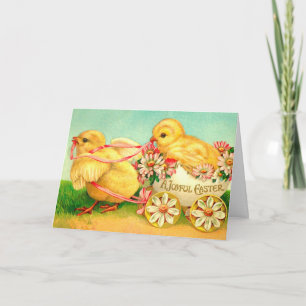 Vintage Easter Egg Chick Carriage Floral Flowers Holiday Card