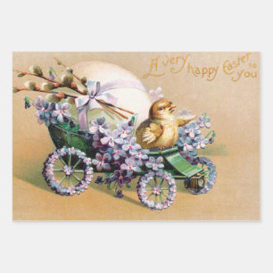 Vintage Easter Egg Chick Floral Flowers Wrapping Paper Sheet