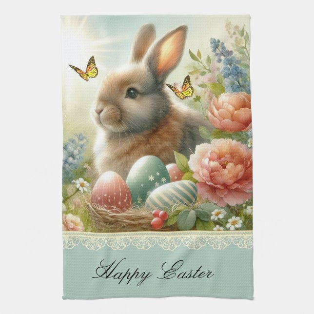 Vintage Easter Eggs and Rabbit Kitchen Towels (Vertical)