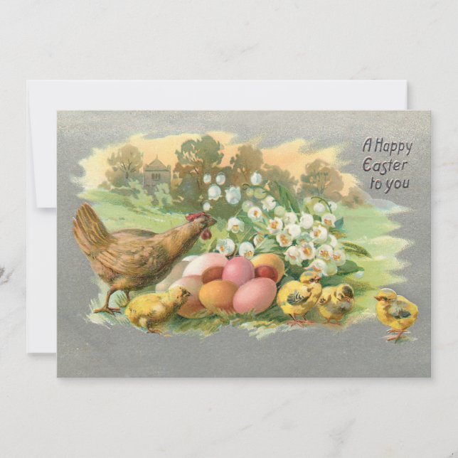 Vintage Easter Eggs, Hen & Chicks Holiday Card (Front)